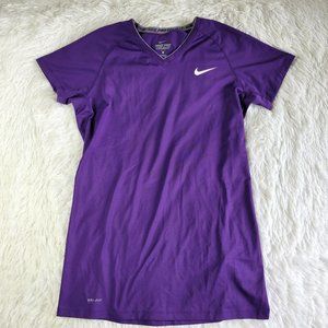 Nike Pro Combat Dri Fit Womens Athletic Top Size L Purple Short Sleeve V Neck